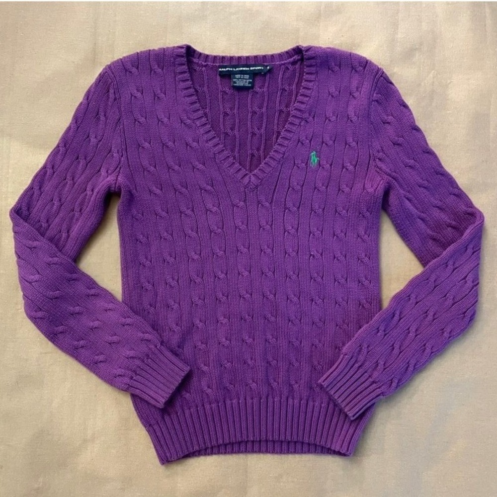 Vintage Y2K Ralph Lauren Women's Cotton Cable Knit Sweater Size M Purple